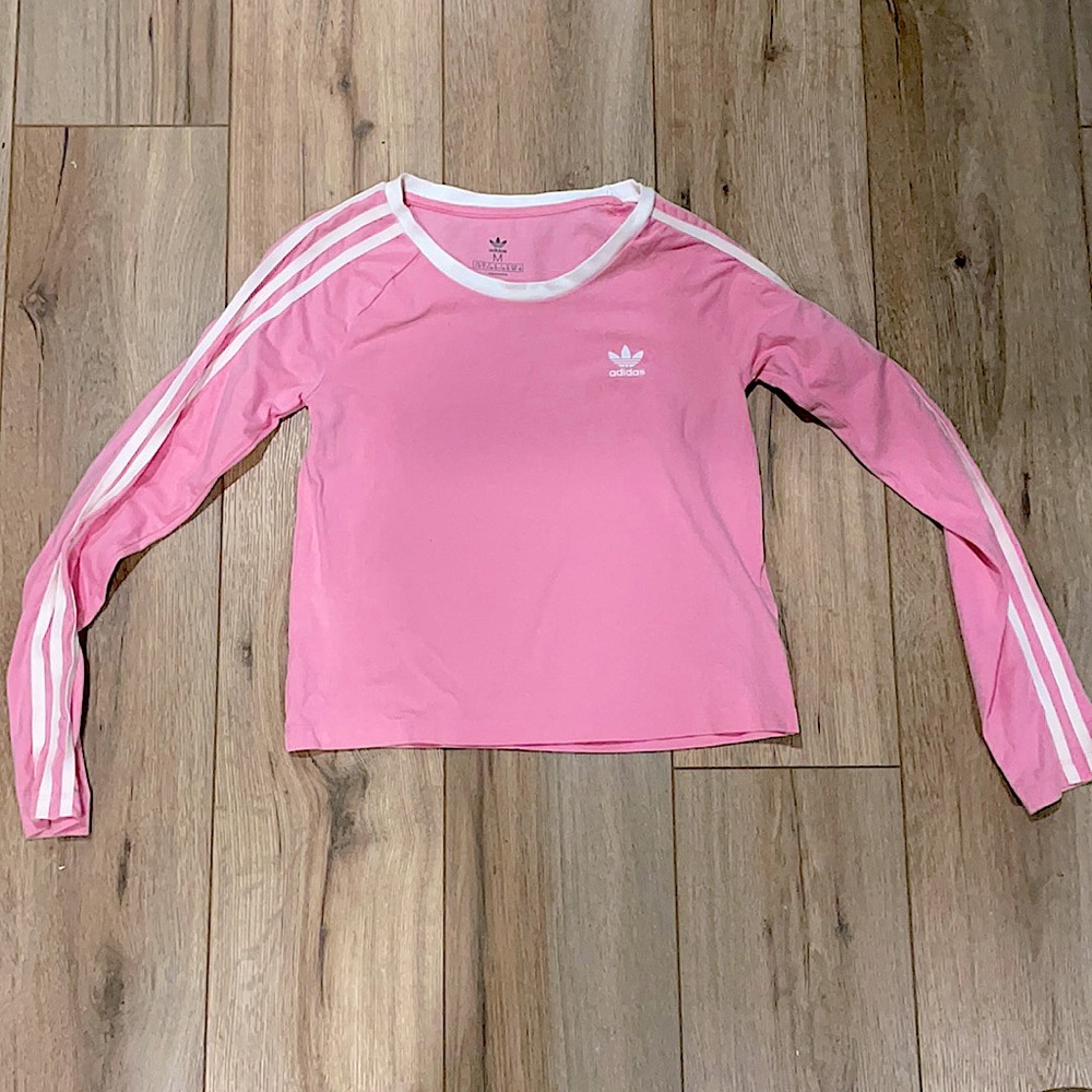 Adidas pink shirts with white lines going down arms. Medium girls (11-12)